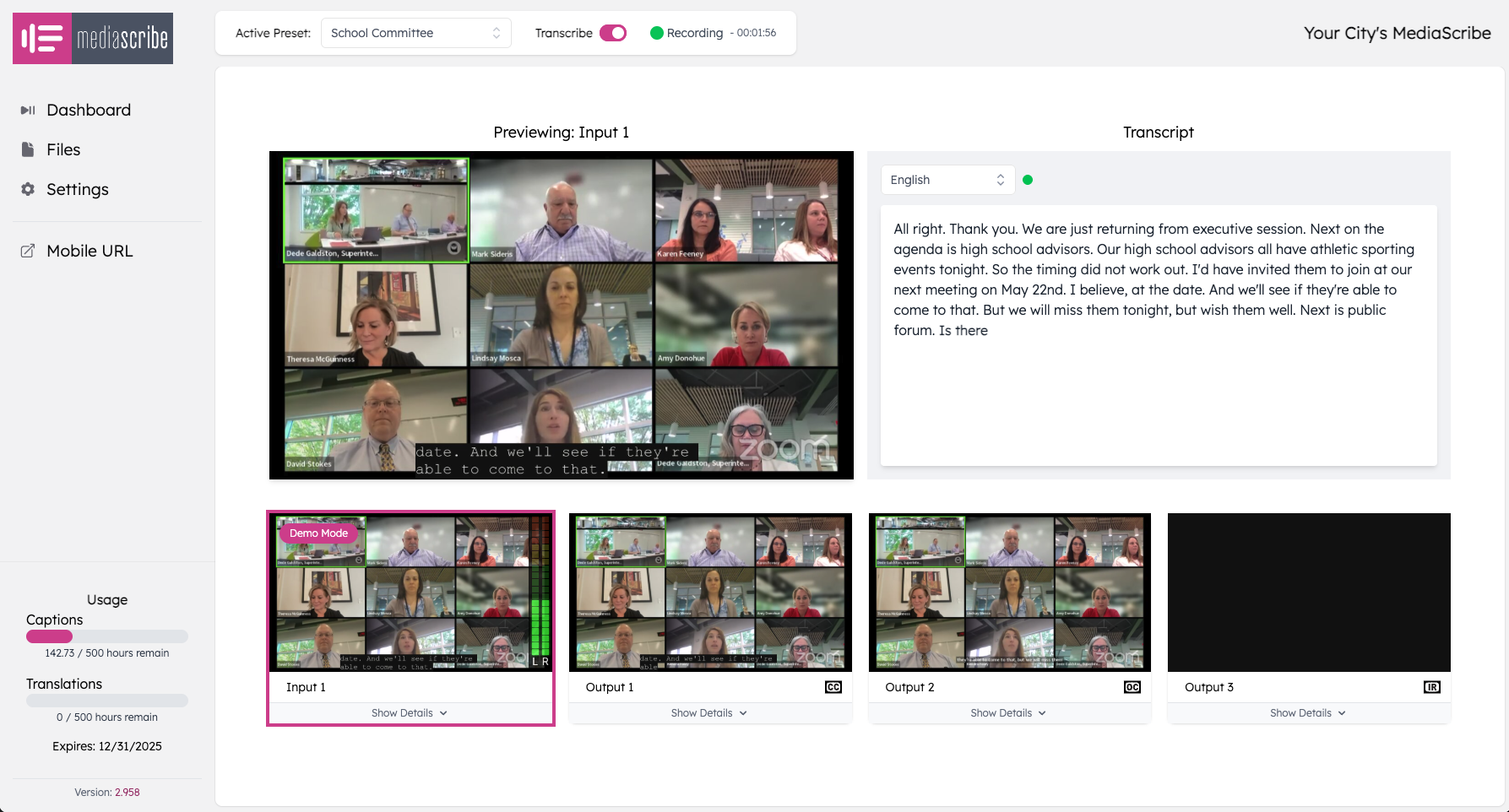 MediaScribe dashboard showing a live school committee meeting preview with real-time transcription and multiple video outputs.