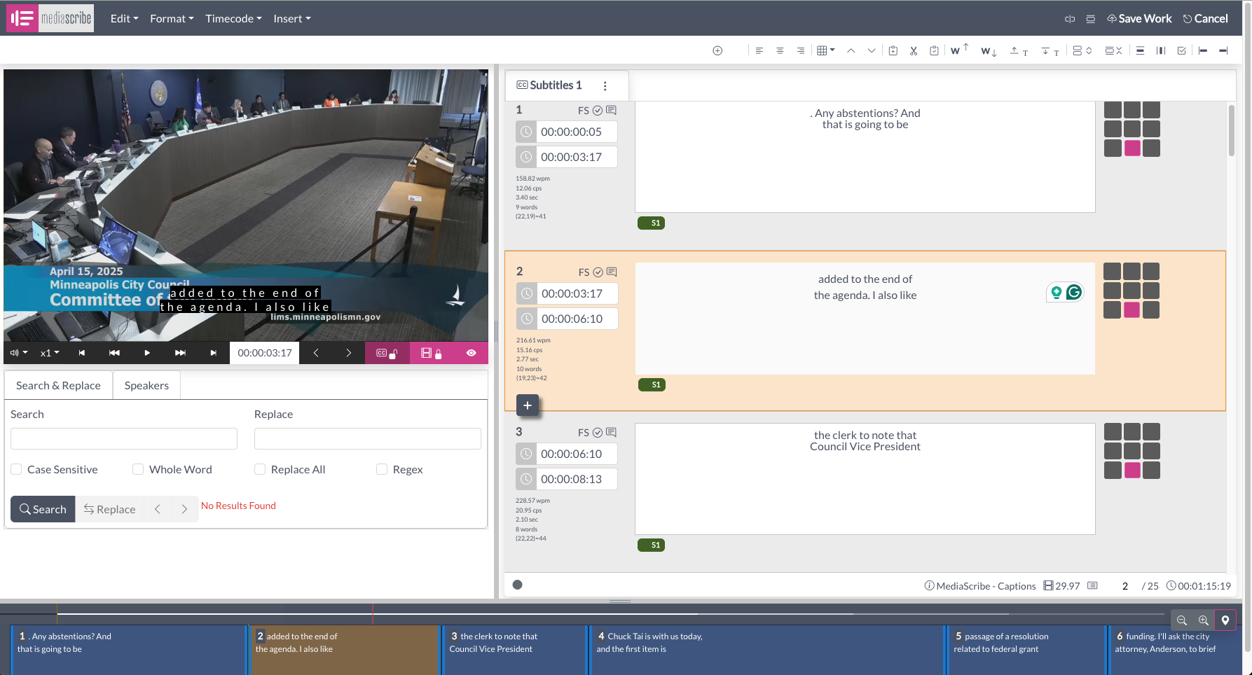 MediaScribe caption editor showing a city council meeting video with synchronized subtitles, timing controls, and transcript segments.