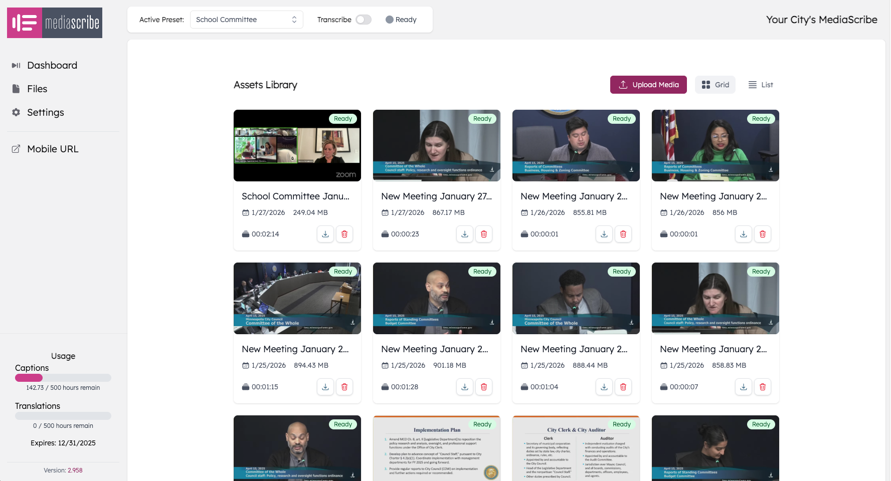 MediaScribe Assets Library showing a grid of meeting video thumbnails with upload controls and ready status indicators.
