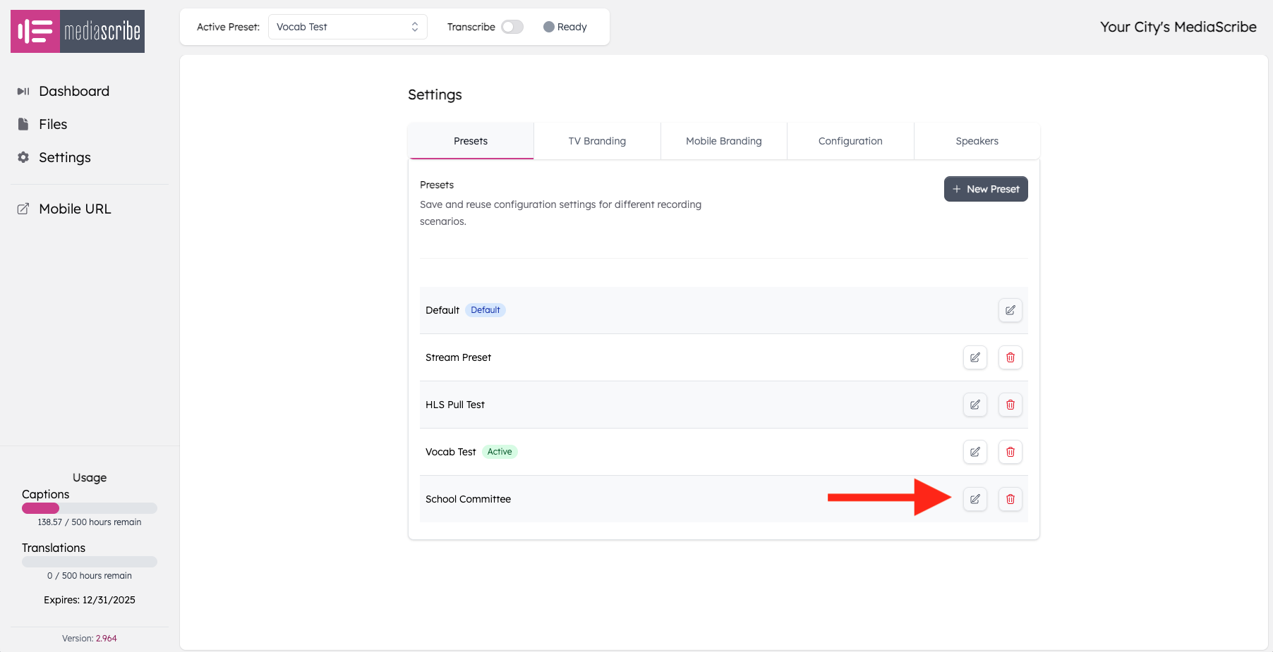 MediaScribe Settings page on the Presets tab, showing a list of presets with edit and delete icons, highlighted by a red arrow.