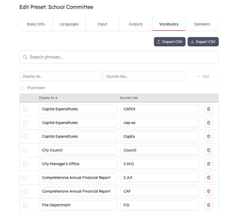 Edit Preset “School Committee” Vocabulary tab showing a list of custom phrases with display text and pronunciation variants.