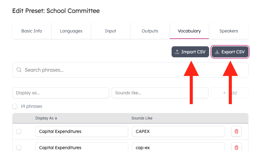 Vocabulary settings screen showing Import CSV and Export CSV buttons highlighted with arrows.