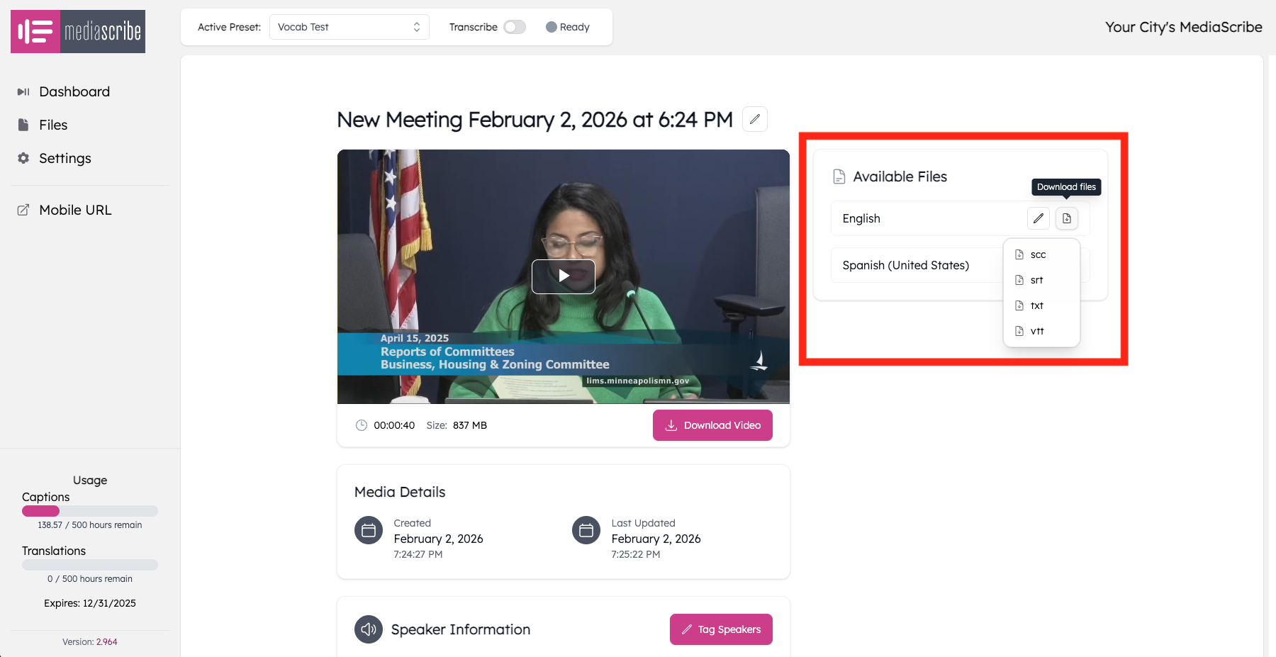 Exporting and publishing transcripts for records requests
Government agencies face dual obligations: accessibility under ADA Title II and transparency under open records laws. Transcripts serve both. When someone files a FOIA or public records request for meeting documentation, accessible transcripts demonstrate compliance and support transparency.
Why transcripts matter for compliance
ADA Title II requires accessible government programs and services. The DOJ's 2024 final rule requires WCAG 2.1 Level AA compliance, with enforcement beginning April 26, 2027 for jurisdictions with 50,000+ residents. For video, this means synchronized captions (WCAG 1.2.2 for prerecorded, 1.2.4 for live).
Transcripts provide three critical functions: they make video searchable (find specific discussions without watching hours of footage), support accessibility beyond captions (easier for screen readers and self-paced reading), and fulfill public records requirements. When someone requests "all city council discussion regarding the downtown parking ordinance," searchable transcripts let you quickly locate relevant portions.
FOIA and open records implications
State public records laws require agencies to provide government documents upon request. Video recordings and transcripts both qualify as public records.
Transcripts solve practical problems. A two-hour meeting might be a 4GB video file but only a 50KB transcript—easier for limited server capacity and slow internet connections. Not everyone has bandwidth for large video files or assistive technology to access video content. Providing both formats ensures accessibility and meets the requirement that people with disabilities have equal access to public records.
Understanding transcript formats
MediaScribe generates transcripts in multiple formats:
SRT (SubRip Text) includes timestamps and spoken text. Most video platforms display SRT files as synchronized captions. Use SRT when captions need to synchronize with video playback.
WebVTT (Web Video Text Tracks) is designed for HTML5 video with additional styling features. If your agency hosts video on your own website, WebVTT is often preferred.
Plain text strips timing information and presents spoken words organized by speaker. Best for independent reading, keyword searches, meeting minutes preparation, and screen reader users.
For records requests, provide multiple formats: plain text for reading, SRT/WebVTT for video viewing.
Exporting transcripts from MediaScribe
After MediaScribe processes a meeting, transcripts are automatically generated. To export: log into MediaScribe, navigate to Files, locate the meeting, click to view details, and download your needed format (plain text, SRT, or WebVTT). Files download as standard text files. Share via email, post to your website, or store in your records system.
Publishing transcripts on your website
Making transcripts available proactively demonstrates commitment to transparency. Create a consistent location (clerk's page or embedded with video). Use descriptive filenames matching video files: if video is "City_Council_2026-02-04.mp4," name transcript "City_Council_2026-02-04_Transcript.txt."
Include a disclaimer: "This transcript was automatically generated and may contain minor errors. For official minutes, see the clerk's office." Provide multiple formats with clear labels: "Download readable transcript (TXT)" and "Download caption file for video (SRT)."
Records retention best practices
Transcripts are public records requiring retention per your jurisdiction's schedule—typically matching the meeting recording period. Store transcripts in your records management system with agendas, minutes, and recordings. Organize systematically by year, month, and meeting type. MediaScribe automatically organizes files by date and preset configuration.
Back up transcripts with other records (text files add minimal storage). Dispose of transcripts simultaneously with corresponding recordings to maintain consistent retention and avoid selective destruction issues.
MediaScribe integration
MediaScribe automatically generates transcripts during captioning. Every meeting produces live captions, synchronized caption files (SRT, WebVTT), and plain text—all stored in the Files section organized by preset.
Export in seconds: select the meeting, choose format, save. For agencies with archived content, batch processing generates captions and transcripts for years of historical meetings.
Summary
Transcripts bridge real-time accessibility and long-term compliance. They support ADA obligations, fulfill FOIA requirements, and make government more accessible. MediaScribe automates transcript generation, letting you focus on serving your community.