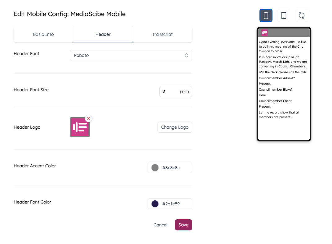 Mobile Branding header settings screen showing font, font size, logo, accent color, and font color options with a live mobile preview.