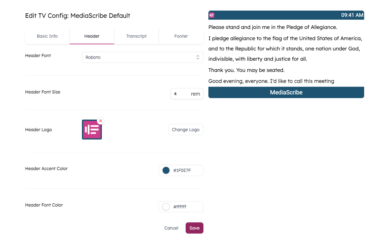 Header settings editor showing font, logo, colors, and a live MediaScribe header preview.