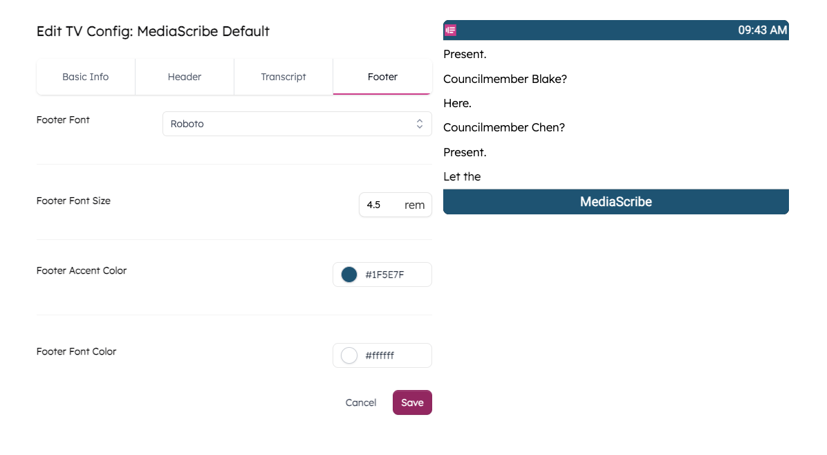 Footer settings editor with font, size, accent and text color options, plus MediaScribe preview.
