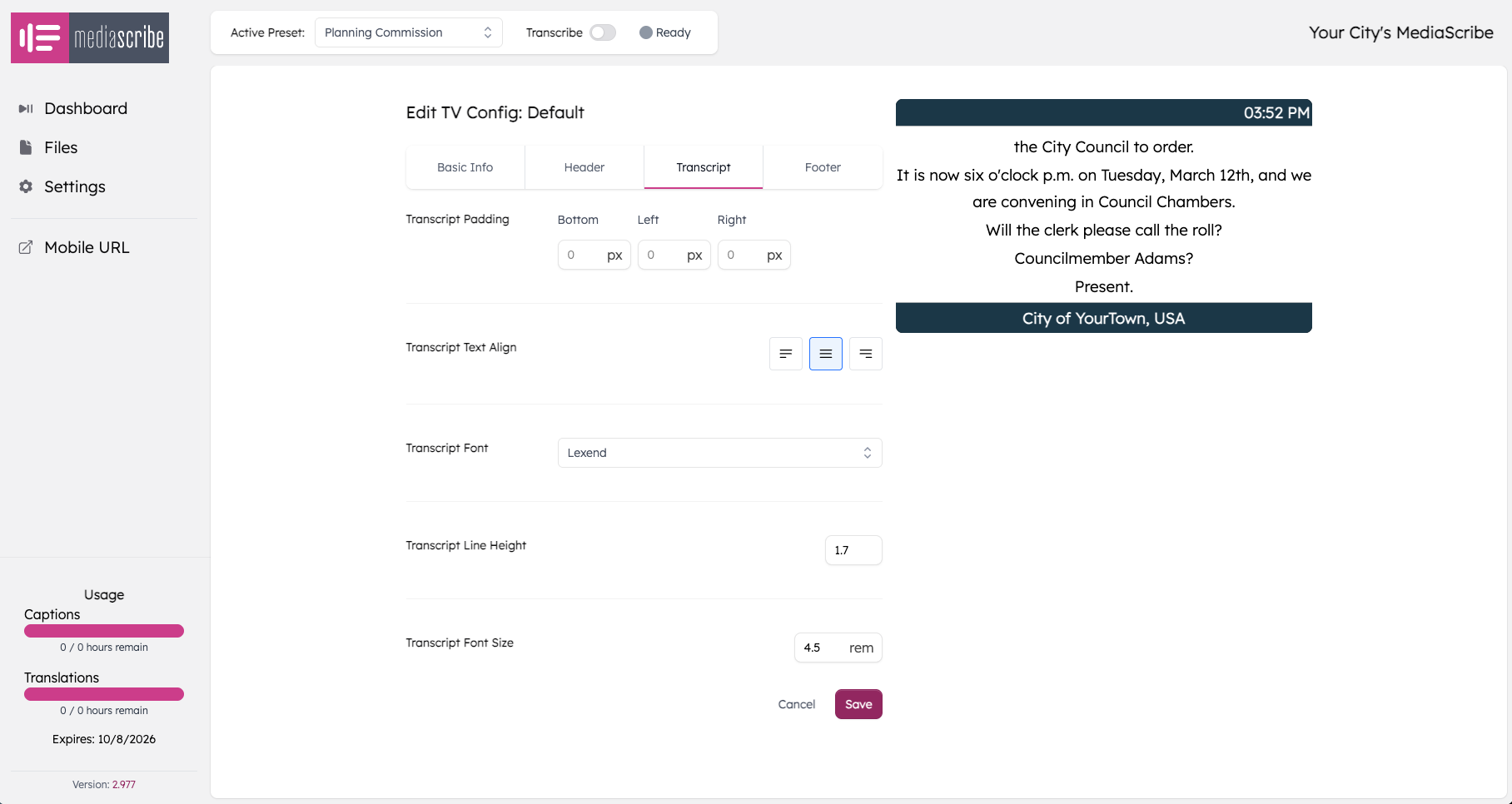 MediaScribe transcript settings editor showing padding, alignment, font, and size options with live transcript preview.
