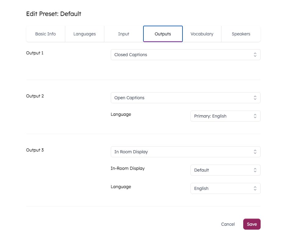 Preset Outputs settings showing closed captions, open captions, and in-room display options with language selectors.
