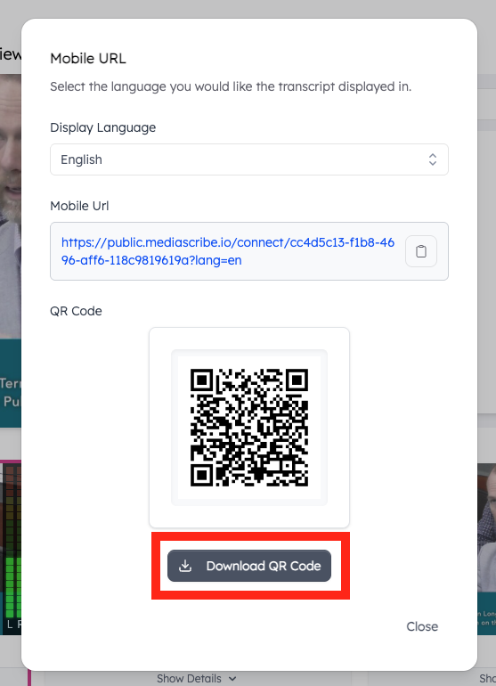 Modal showing Mobile URL settings with language selector, shareable link, QR code, and Download QR Code button.