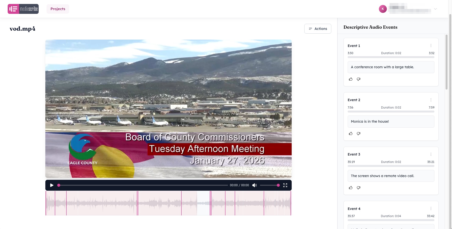 MediaScribe project view with video preview, waveform timeline, and descriptive audio events list on the right.